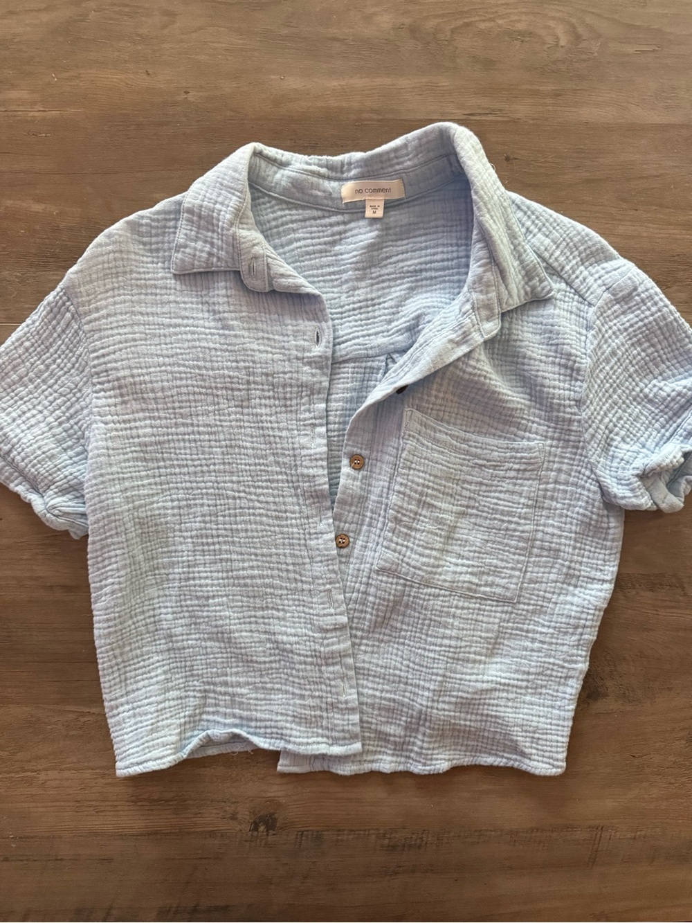 Light Blue Gauze Button-Down Crop Shirt by 60% Cotton